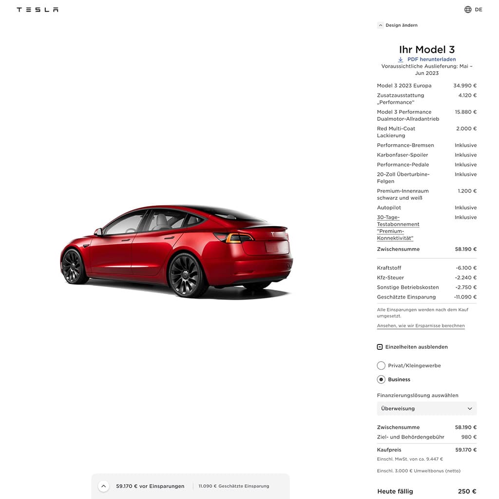 Screenshot Tesla Model 3 Konfigurator mit Auflistung der einzelnen Preis-Bestandteile vom 26.05.2023 – als Firmenwagen mit über 60.000 BLP eher ungeeignet