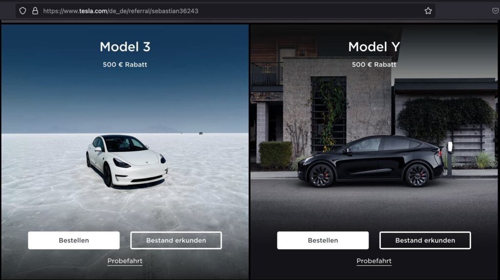 Screenshot von der Tesla-Website https://www.tesla.com/de_de/referral/sebastian36243 mit 500,- Euro Rabatt für Model 3 und Model Y